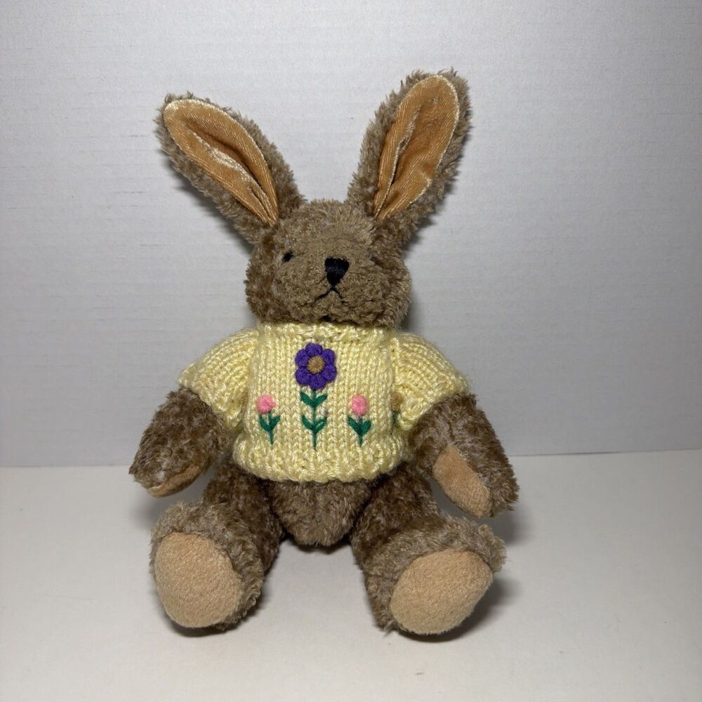 VTG 1988 Chrisha Playful Plush Bunny Rabbit Brown Sherpa Yellow Knit Sweater 8"